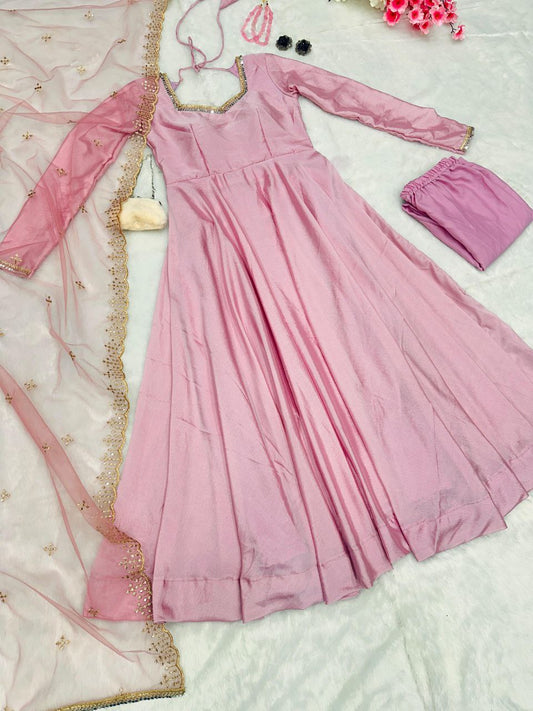 Pink Color Pure Chinon With Neck Work Suit Pent