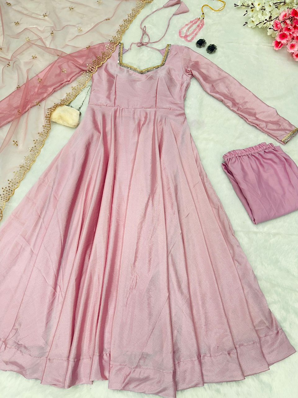Pink Color Pure Chinon With Neck Work Suit Pent