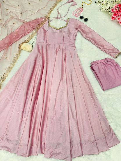 Pink Color Pure Chinon With Neck Work Suit Pent