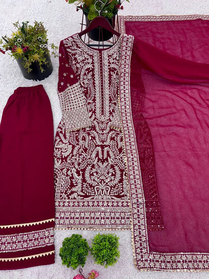 Heavy Faux Georgette Chinon Embroidery Work Top PLazzo