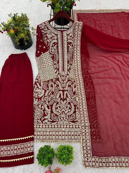 Heavy Faux Georgette Chinon Embroidery Work Top PLazzo