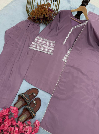 Natural Satin Embroidery WOrk Top Plazzo