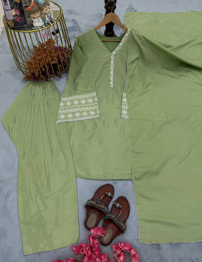 Natural Satin Embroidery WOrk Top Plazzo