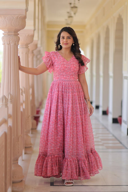 Faux Georgette Print Work Cotton Lining Gown