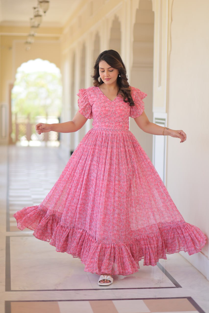 Faux Georgette Print Work Cotton Lining Gown
