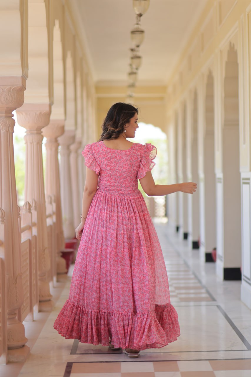 Faux Georgette Print Work Cotton Lining Gown
