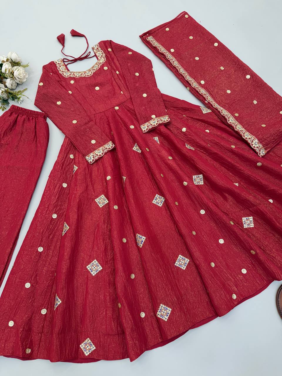 Crunchy Silk Embroidered Gown Suit Set