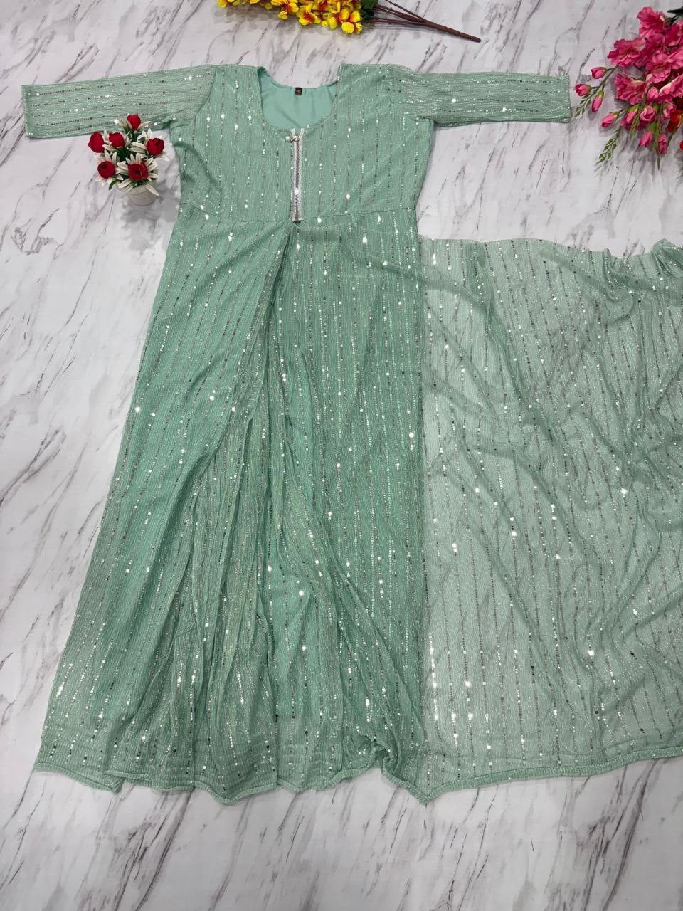 New Shade Imported Net Embellished Tikki Work Saree