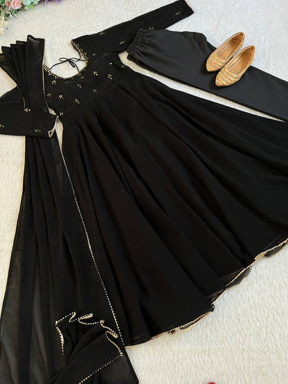 Black Color Georgette Hand Mirror Work Gown