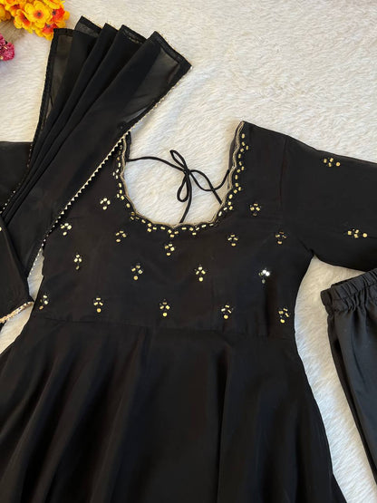 Black Color Georgette Hand Mirror Work Gown
