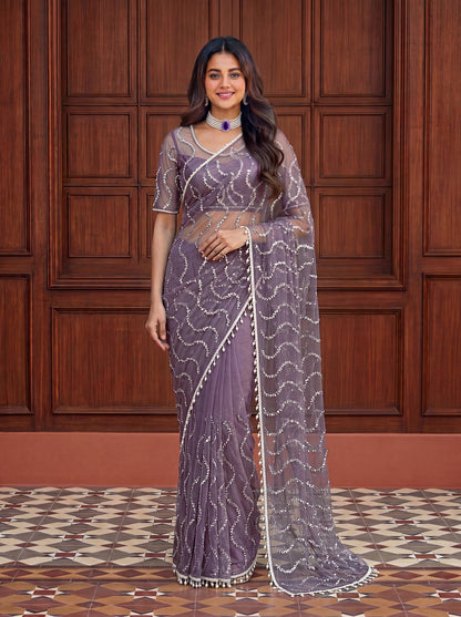 Beautiful Soft Rich Net Embroidery Sequence Pearl Work Saree