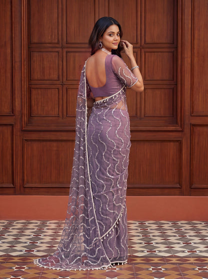 Beautiful Soft Rich Net Embroidery Sequence Pearl Work Saree