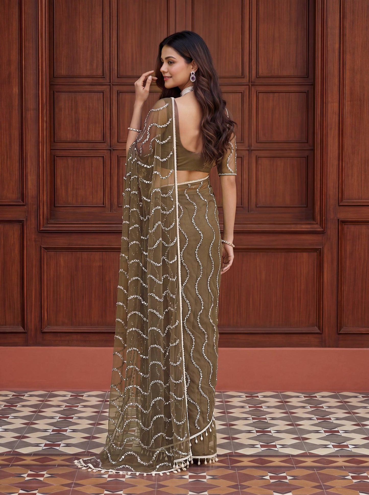 Beautiful Soft Rich Net Embroidery Sequence Pearl Work Saree