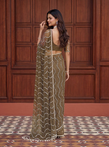 Beautiful Soft Rich Net Embroidery Sequence Pearl Work Saree