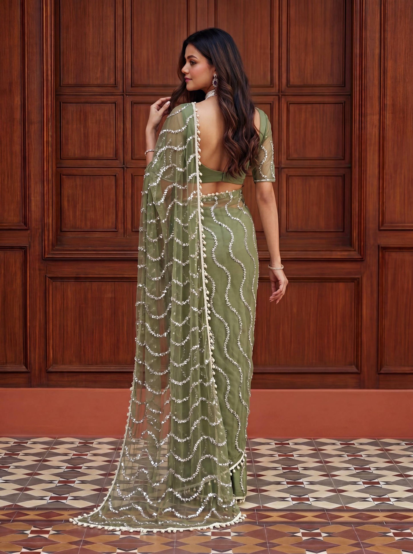 Beautiful Soft Rich Net Embroidery Sequence Pearl Work Saree