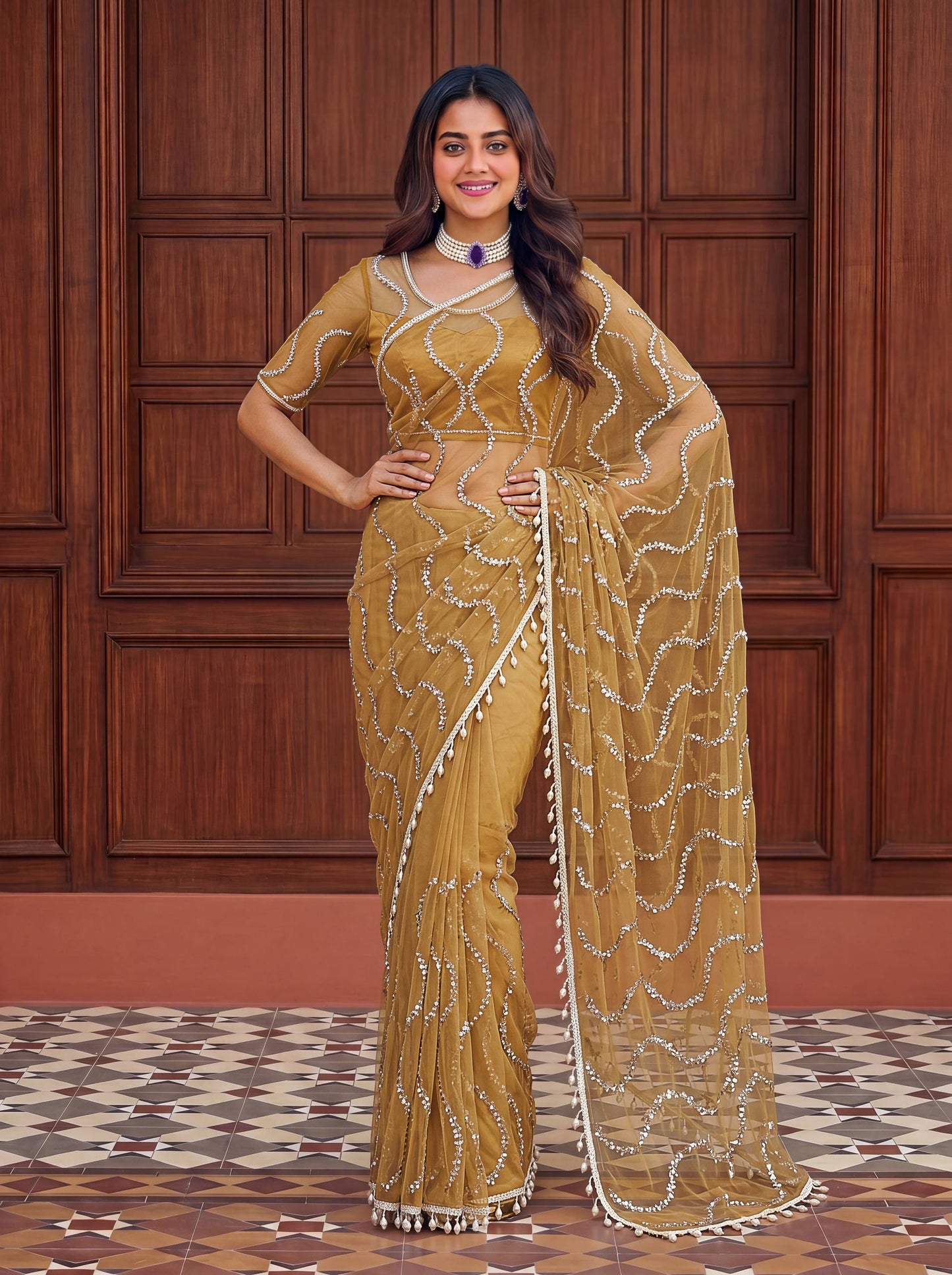 Beautiful Soft Rich Net Embroidery Sequence Pearl Work Saree