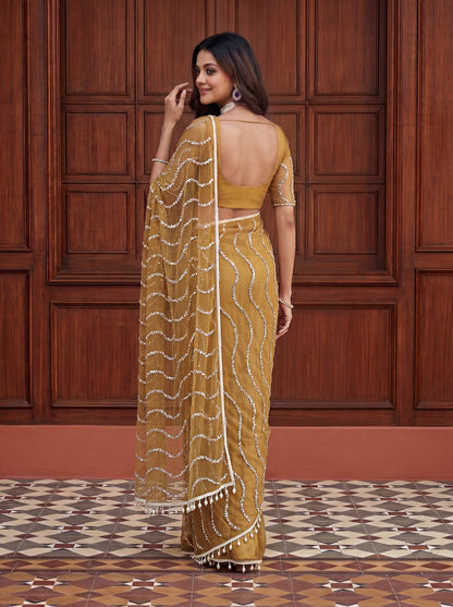 Beautiful Soft Rich Net Embroidery Sequence Pearl Work Saree