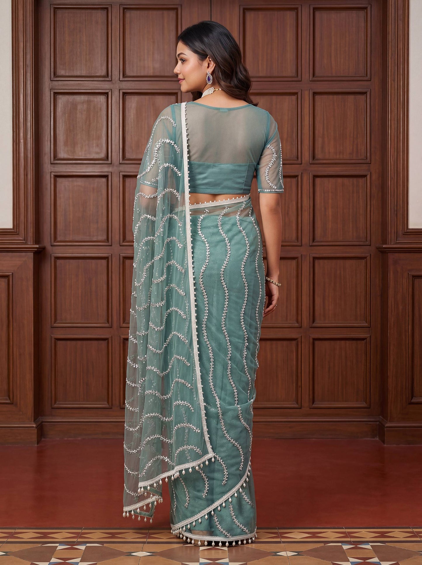 Beautiful Soft Rich Net Embroidery Sequence Pearl Work Saree