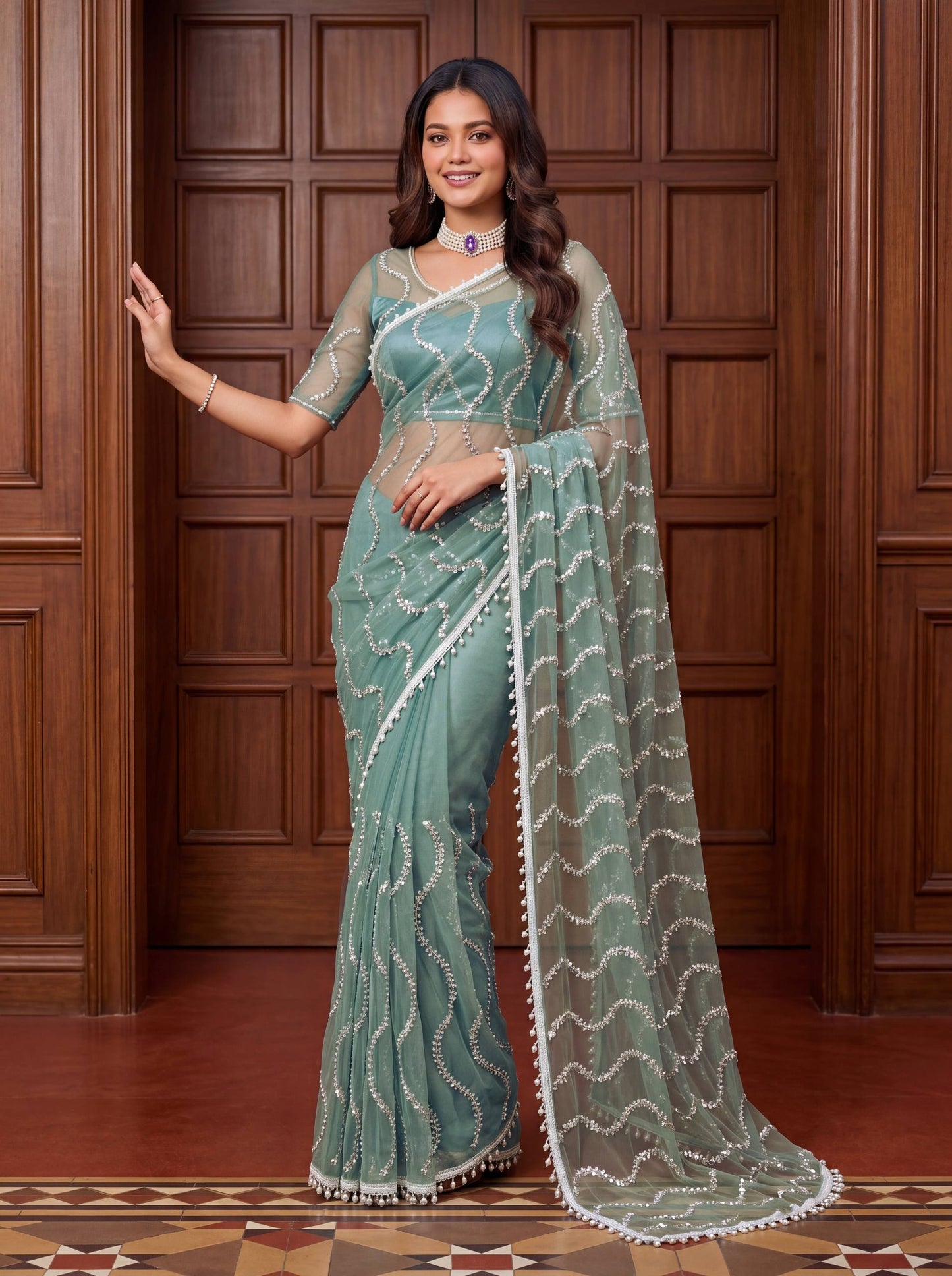 Beautiful Soft Rich Net Embroidery Sequence Pearl Work Saree