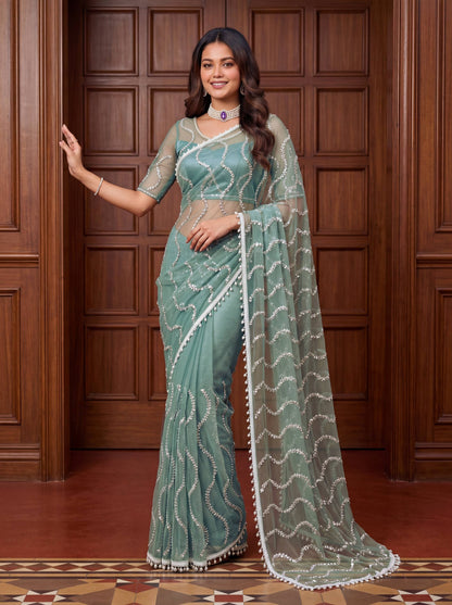 Beautiful Soft Rich Net Embroidery Sequence Pearl Work Saree