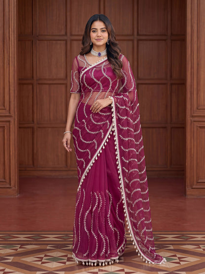 Beautiful Soft Rich Net Embroidery Sequence Pearl Work Saree