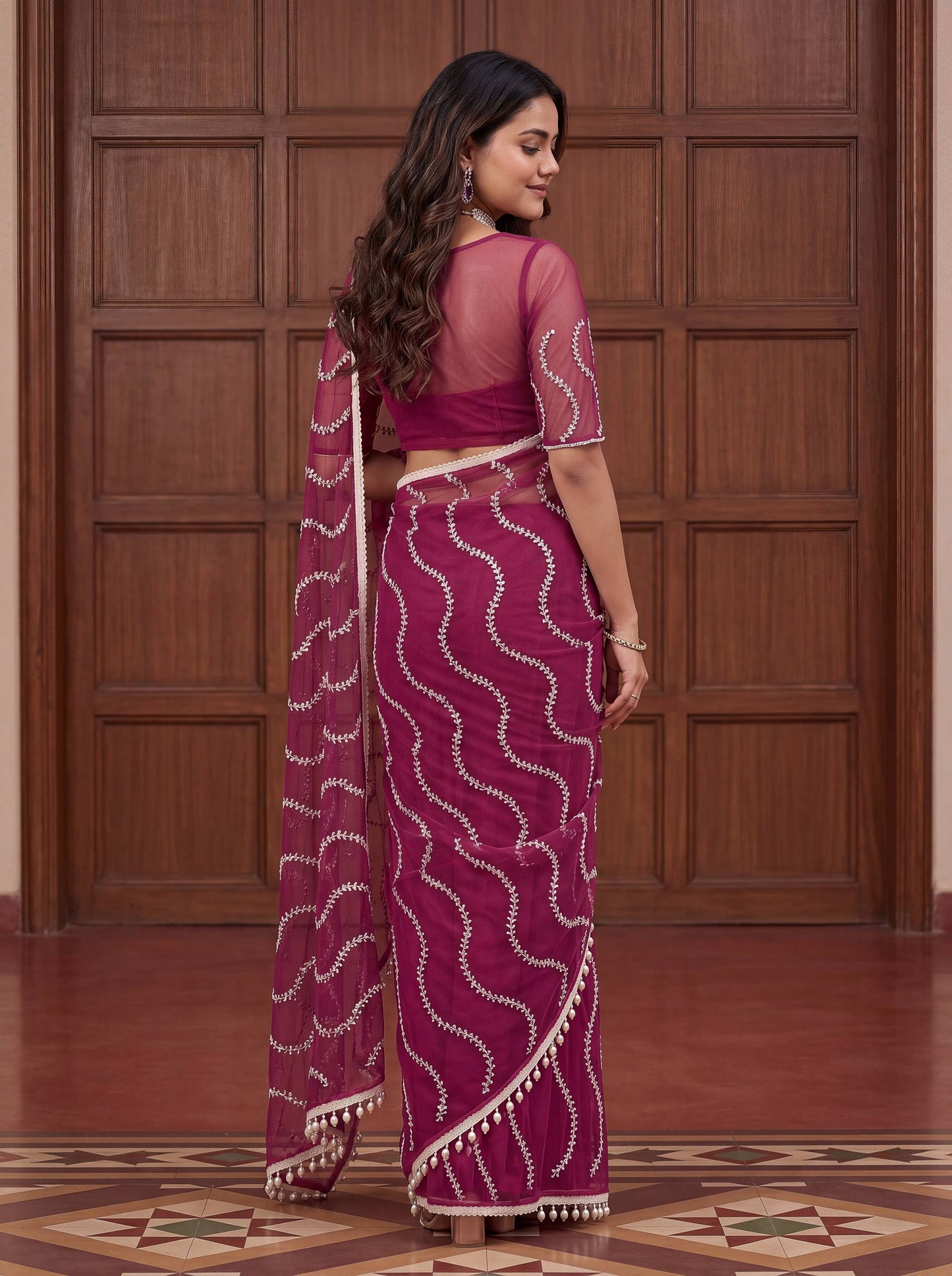 Beautiful Soft Rich Net Embroidery Sequence Pearl Work Saree