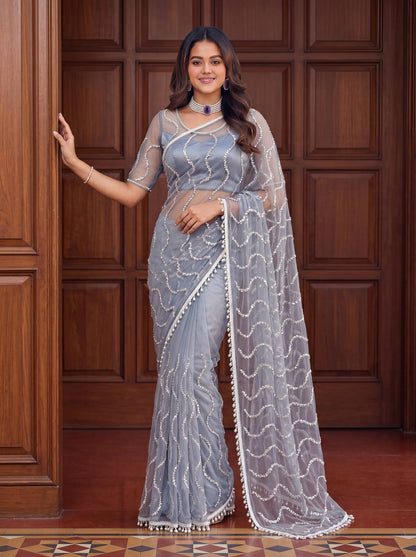 Beautiful Soft Rich Net Embroidery Sequence Pearl Work Saree