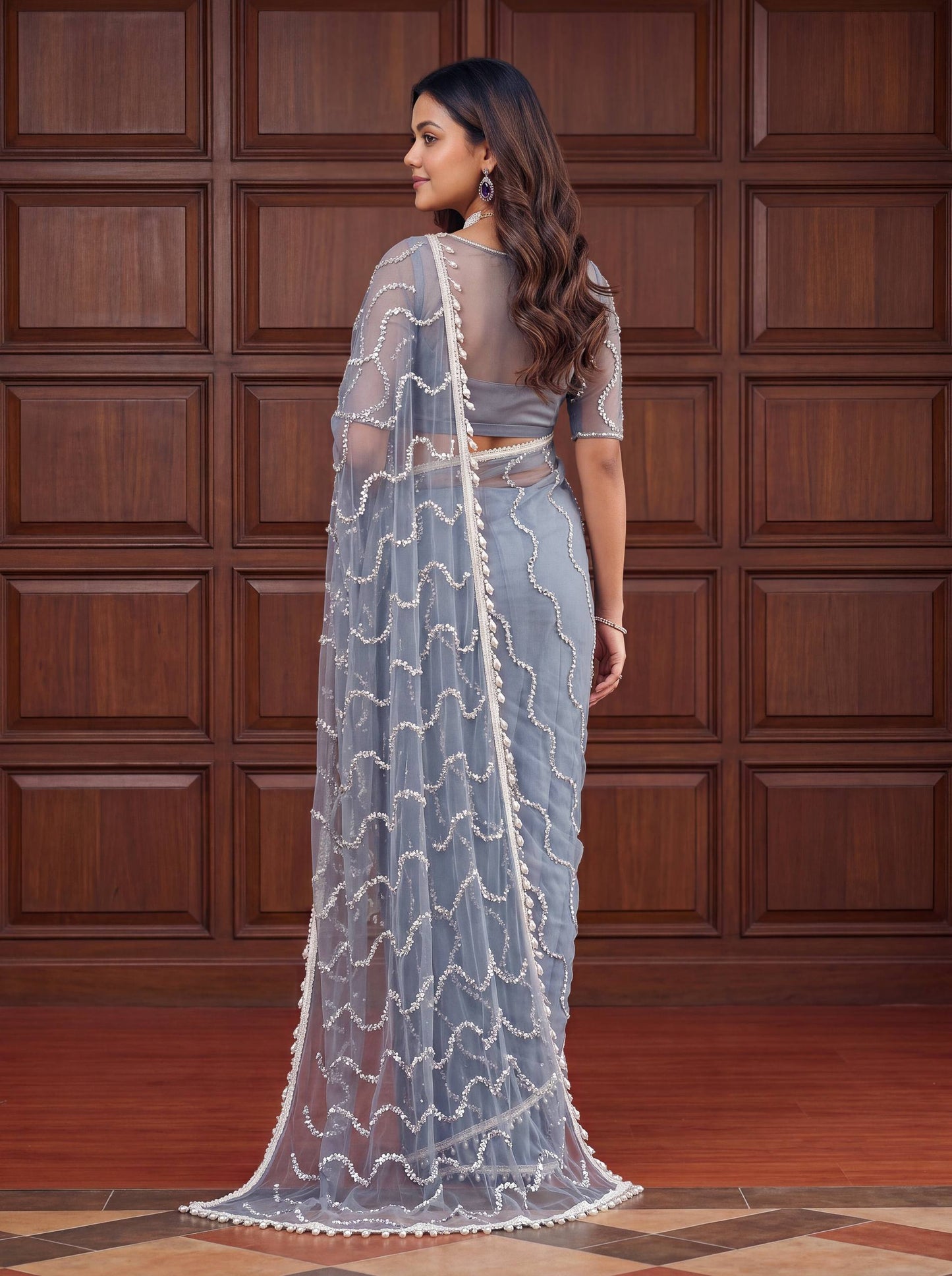 Beautiful Soft Rich Net Embroidery Sequence Pearl Work Saree