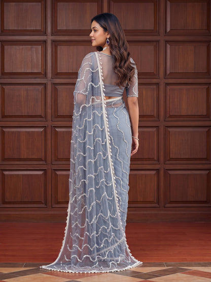 Beautiful Soft Rich Net Embroidery Sequence Pearl Work Saree