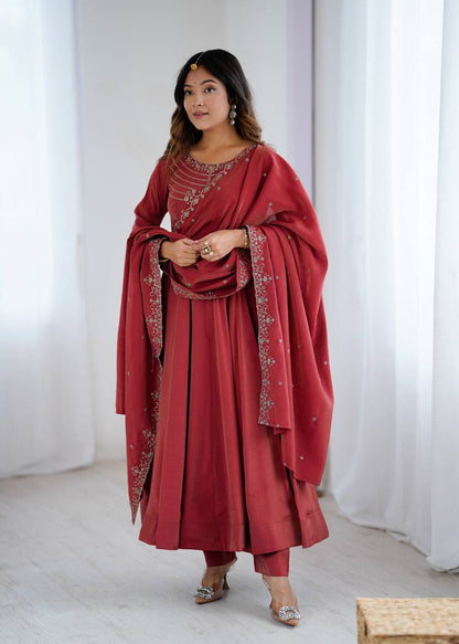 Maroon Color Roman Silk With Hand Work Anarkali