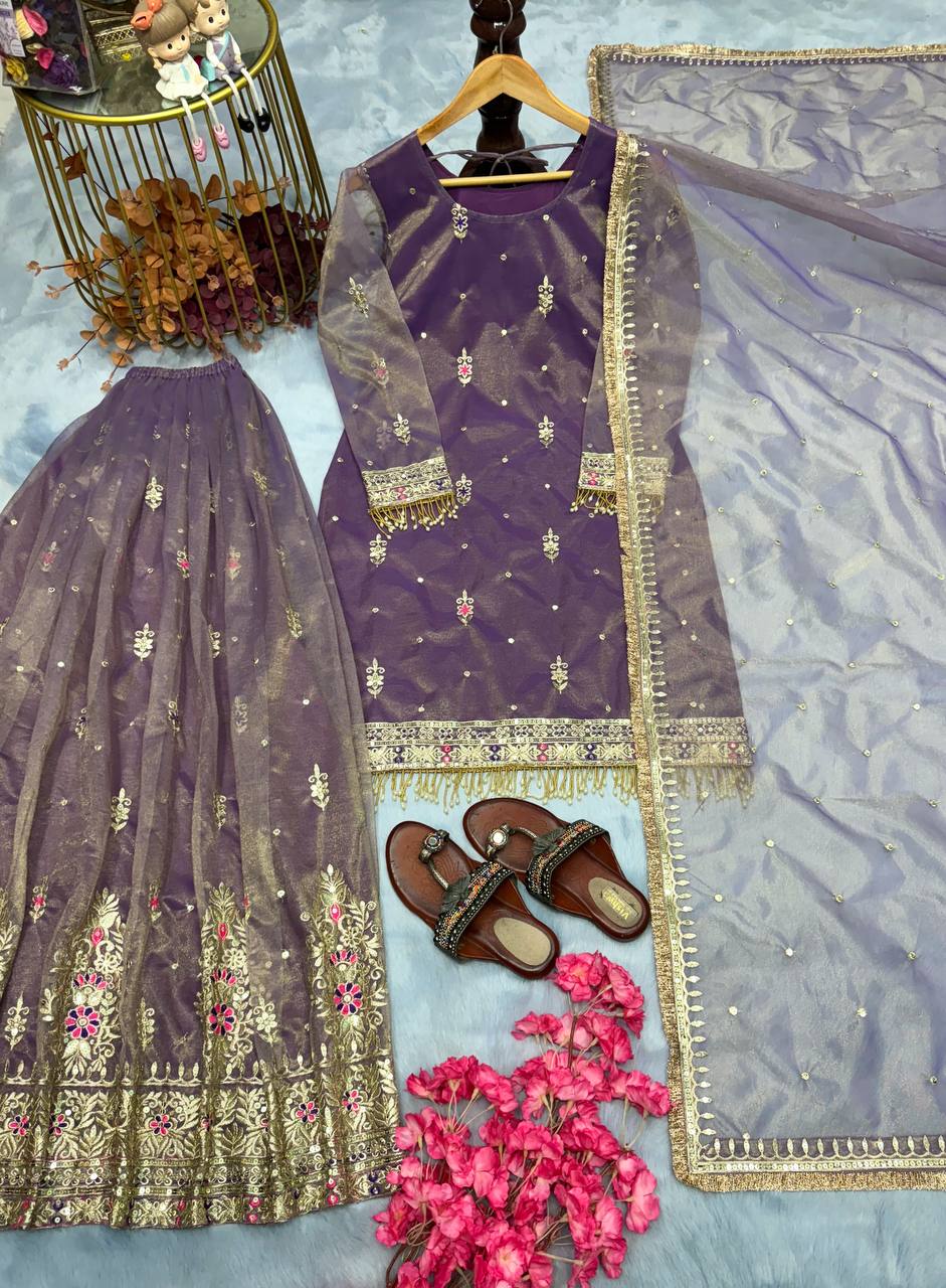 Pure Twill gold NEt With Heavy Embroidery Sequence Work Top Plazzo