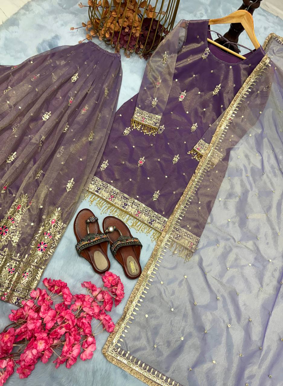 Pure Twill gold NEt With Heavy Embroidery Sequence Work Top Plazzo