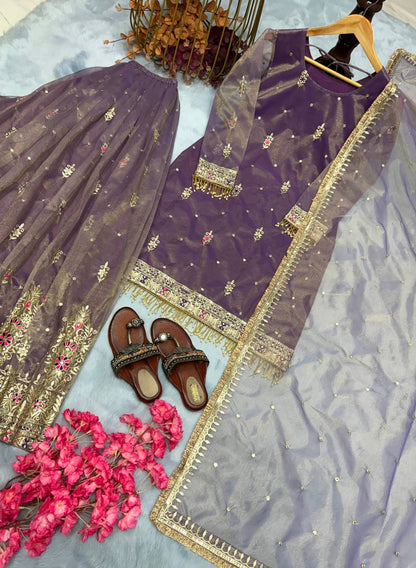 Pure Twill gold NEt With Heavy Embroidery Sequence Work Top Plazzo