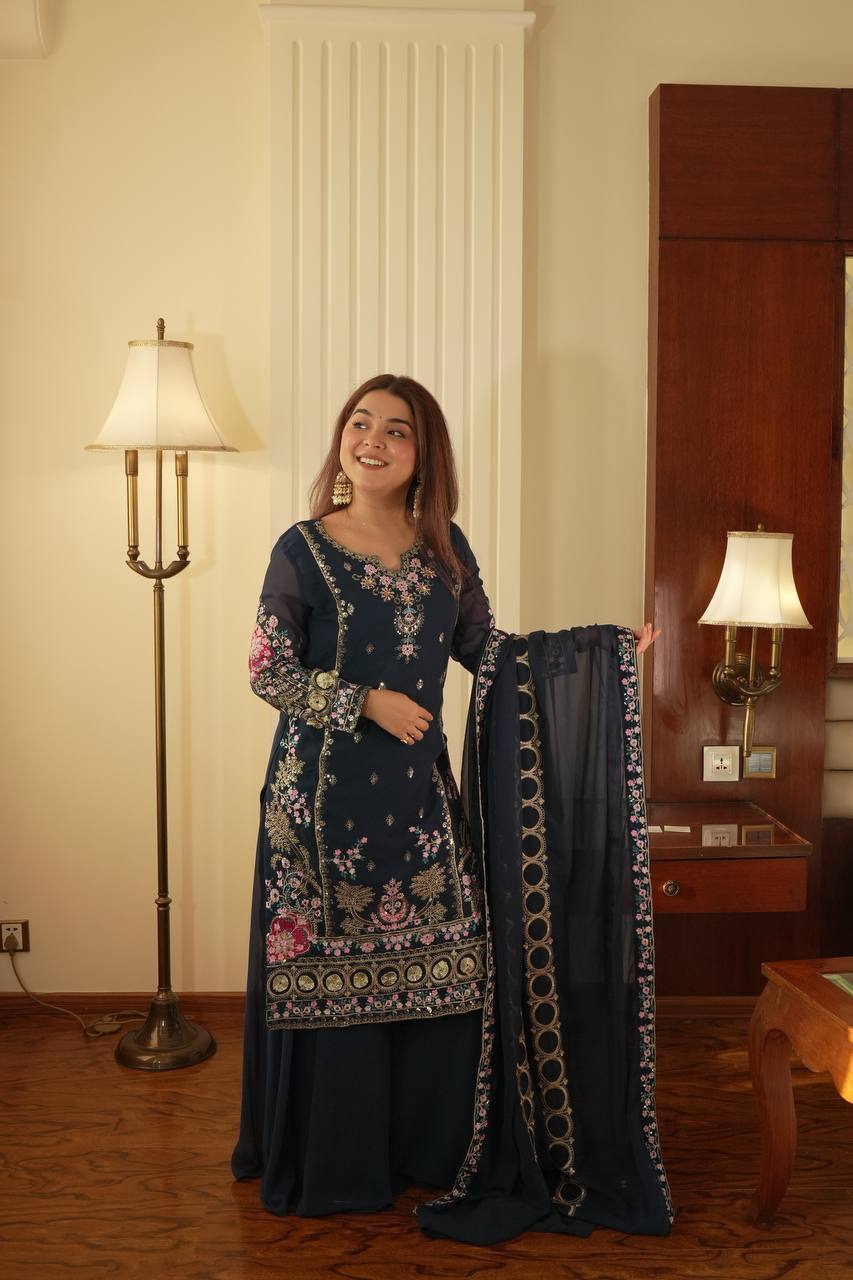 Rama Color Fox Georgette With Sequience Embroidery Work Kurti Plazzo