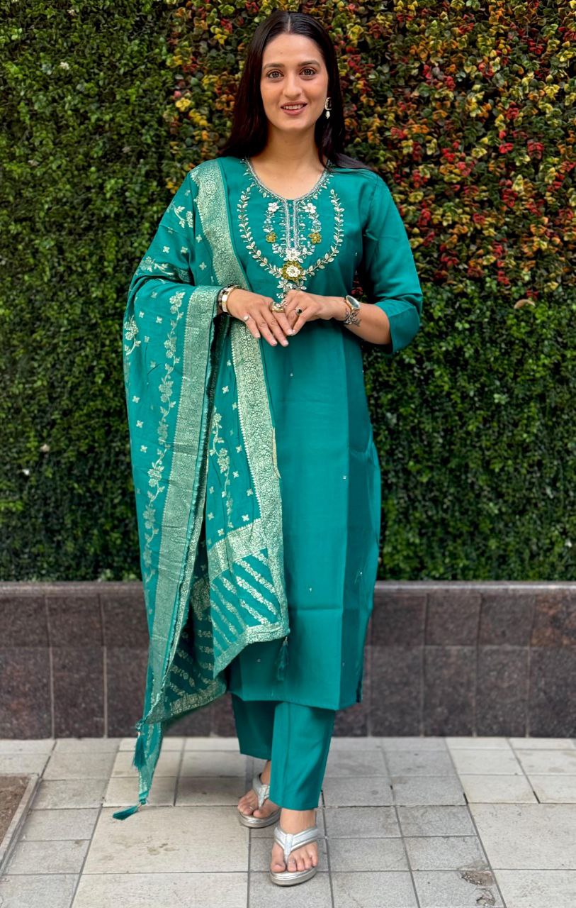 Sky Blue Color Premium Roman Silk Hand Work Kurti