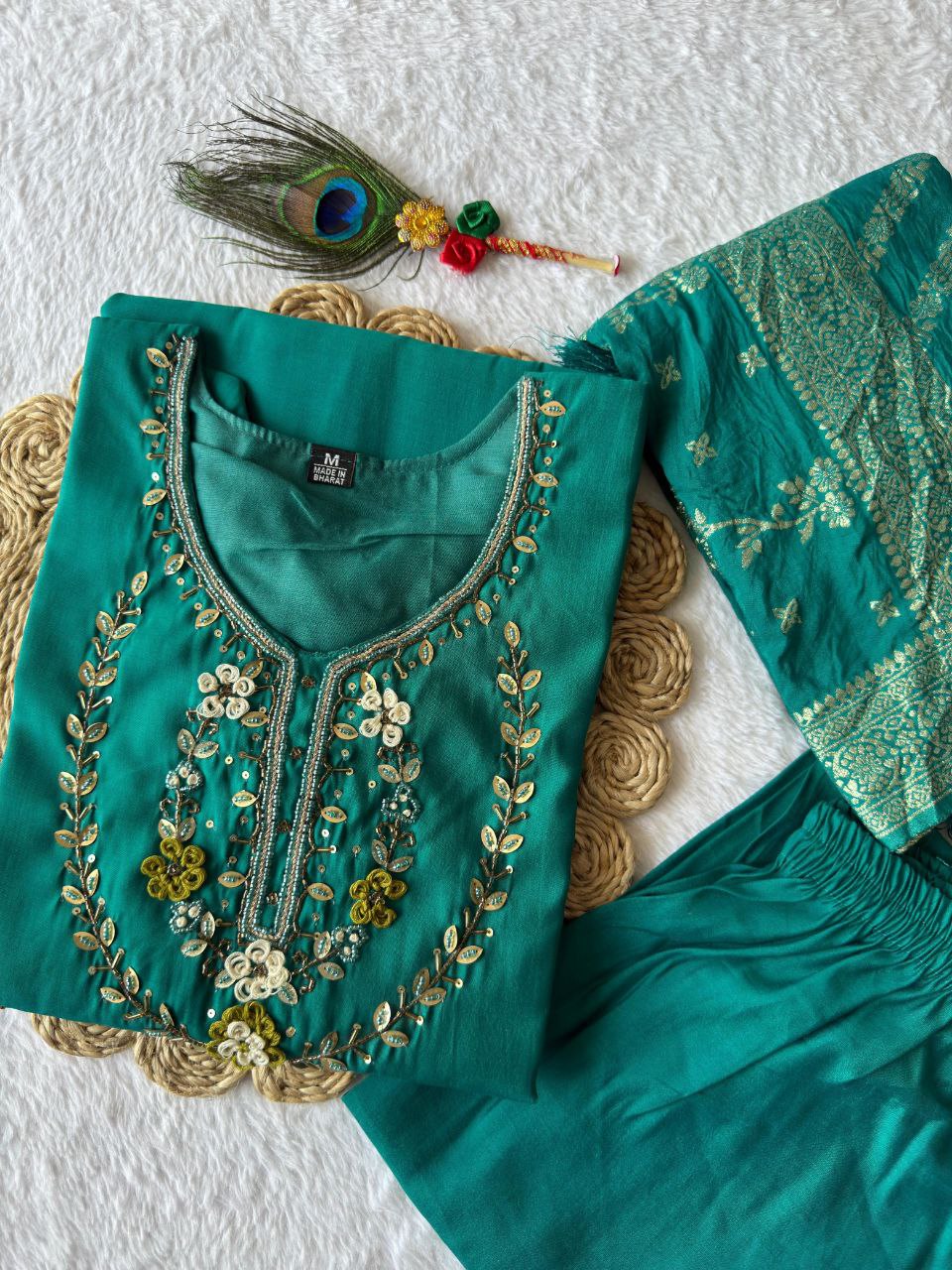 Sky Blue Color Premium Roman Silk Hand Work Kurti
