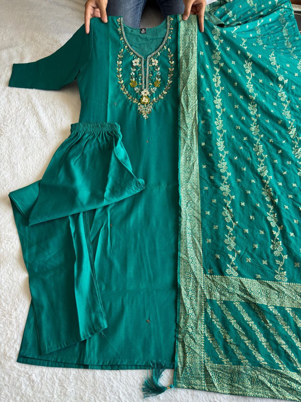Sky Blue Color Premium Roman Silk Hand Work Kurti
