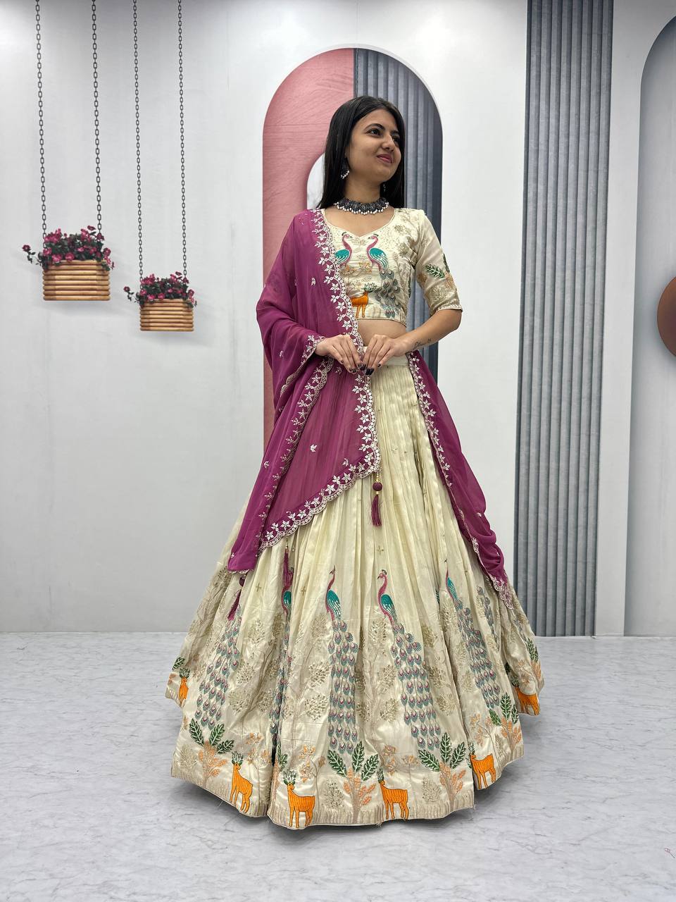 PURE TISSUE SILK PEACOCK WORK FULL READY MADE LEHENGA CHOLI