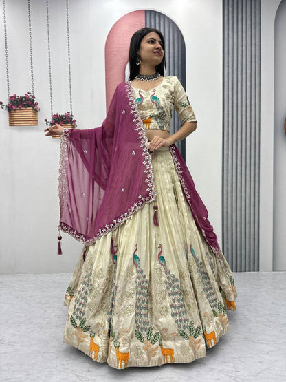 PURE TISSUE SILK PEACOCK WORK FULL READY MADE LEHENGA CHOLI