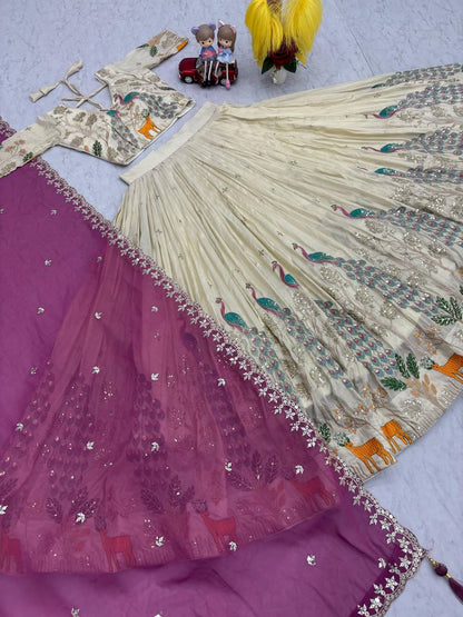 PURE TISSUE SILK PEACOCK WORK FULL READY MADE LEHENGA CHOLI