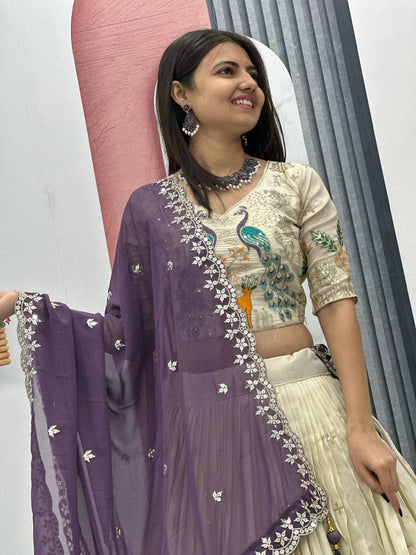 PURE TISSUE SILK PEACOCK WORK FULL READY MADE LEHENGA CHOLI