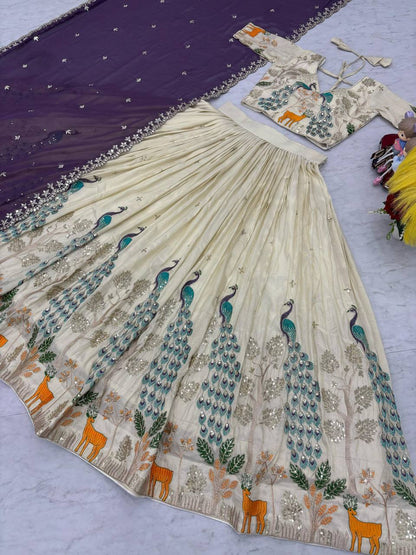 PURE TISSUE SILK PEACOCK WORK FULL READY MADE LEHENGA CHOLI