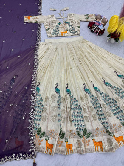 PURE TISSUE SILK PEACOCK WORK FULL READY MADE LEHENGA CHOLI