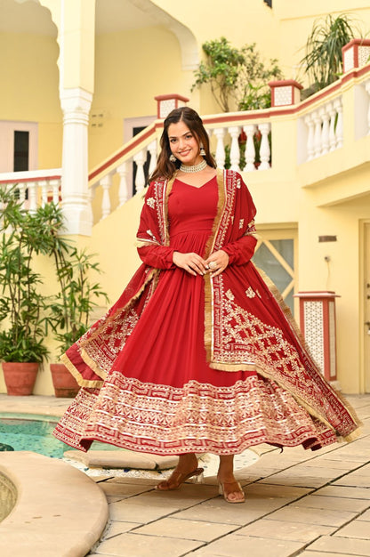 Red Color Faux Blooming With Embroidery Work Gown