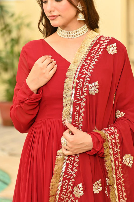 Red Color Faux Blooming With Embroidery Work Gown