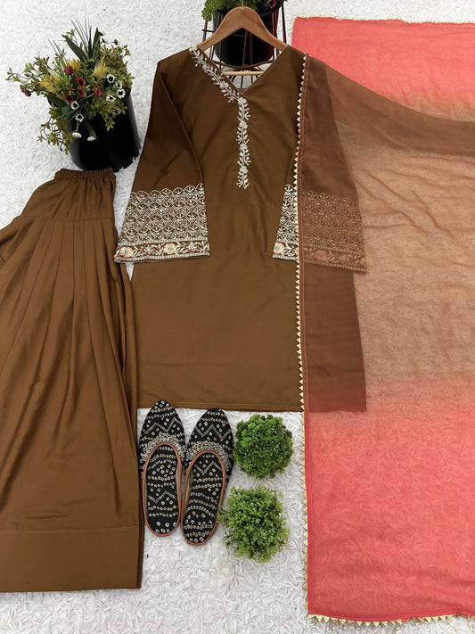 Natural Silk With Embroidery Sequence Work Top Plazzo