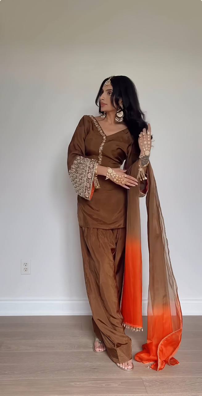 Natural Silk With Embroidery Sequence Work Top Plazzo