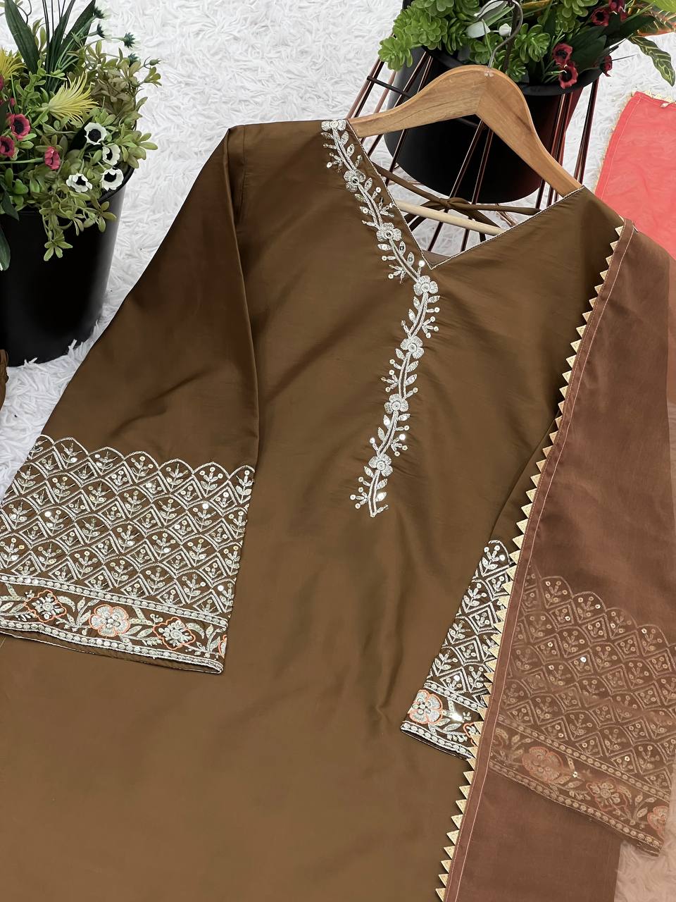 Natural Silk With Embroidery Sequence Work Top Plazzo