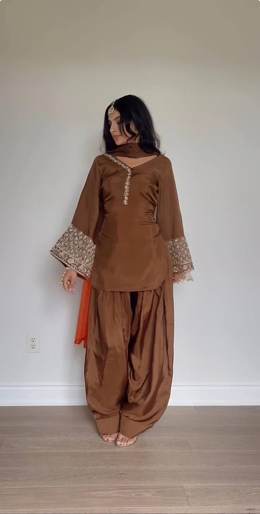 Natural Silk With Embroidery Sequence Work Top Plazzo