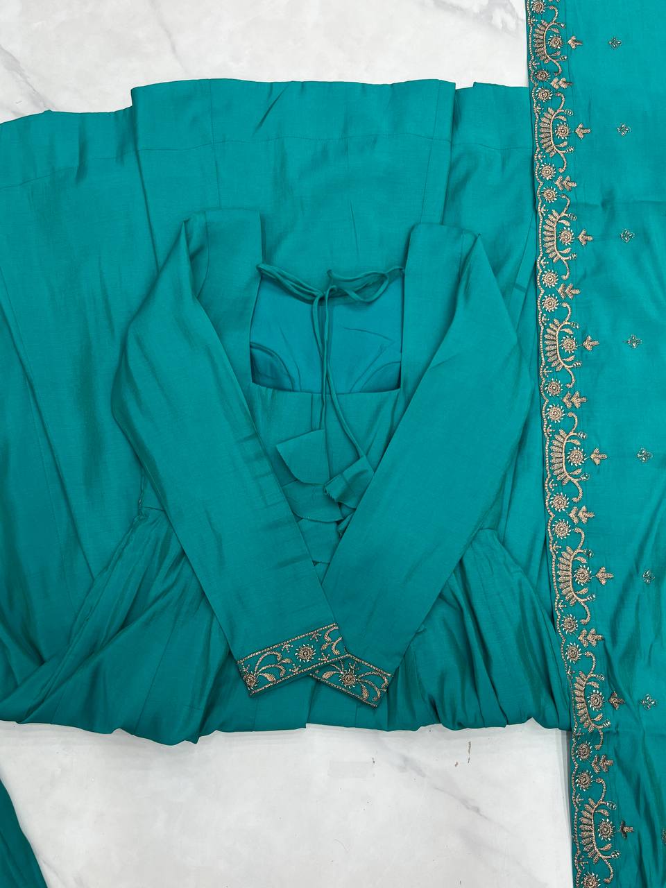 Premium Roman Shimmer Chanderi Silk With Beads Work Ready To Wear Anarkali Gown